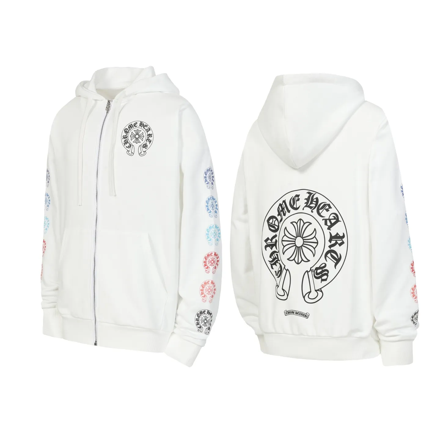 P250 Cross-border model, please do not place an order if you are pursuing quality - Chrome Hearts/Chrome Hearts colorful horseshoe Sanskrit printed zipper sweatshirt cardigan jacket - High weight, high density and high quality. The wool is soft, delicate and skin-friendly. It feels soft and silky. It has excellent warmth and skin-friendly properties. - Custom-woven and dyed, no color difference. No matter the fabric or workmanship details, it beats the ordinary version on the market. - Hardware and zipper accessories are all customized. Full of details. -Colour: black white -Size: S M L XL